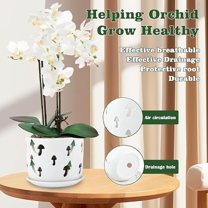 Ceramic Orchid Pot, 5 inch+6 inch Orchid Pots with Holes, Mushroom Shape Orchid Planter with Drainage and Saucer, Effectively Prevent The Root Rot of Orchids, White Flower Pot