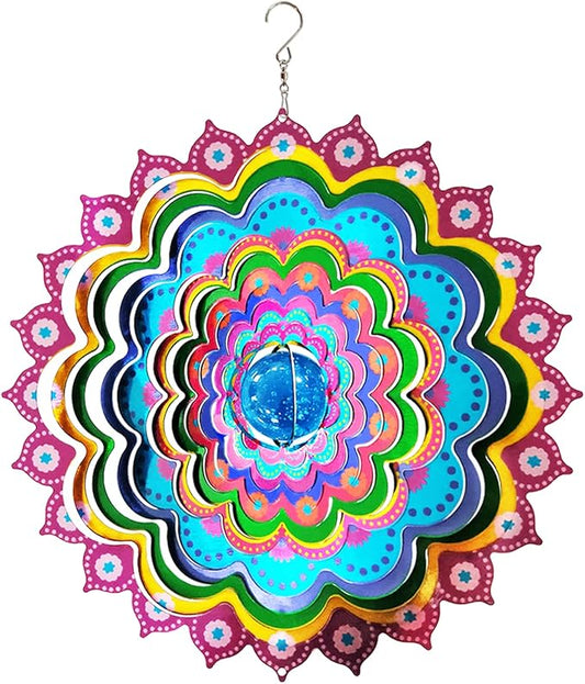FONMY Mandala Wind Spinner w/Crystal Ball Peacock- 3D Stainless Steel Hanging Spinners Worth Gift Christmas Decoration Indoor/Outdoor Garden Décor Kinetic Yard Art 12 Inches Wind Sculpture