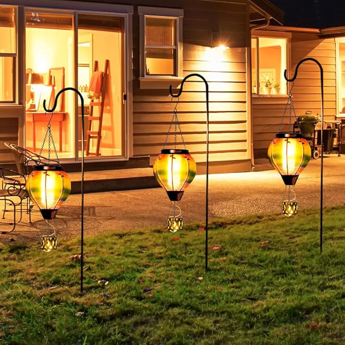 Starsoul Solar Hot Air Balloon Lantern with Flame Multi-Color Hot Air Balloon Lantern with Candle Holder Metal & Glass Hanging Garden Light Waterproof Outdoor Lantern Decor