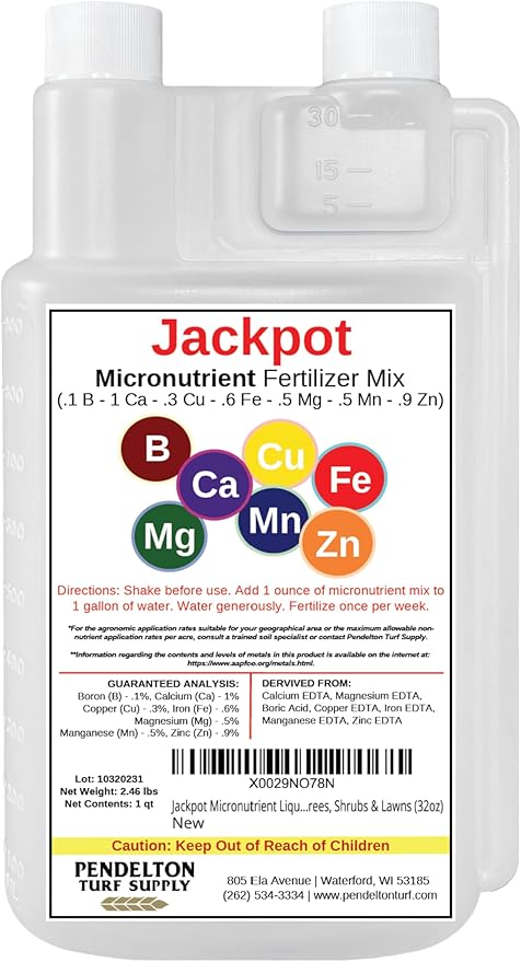 Pendelton Turf Supply Jackpot Micronutrient Liquid Fertilizer Mix | Indoor & Outdoor | for Plants, Flowers, Vegetable Gardens, Trees, Shrubs & Lawns (32oz)