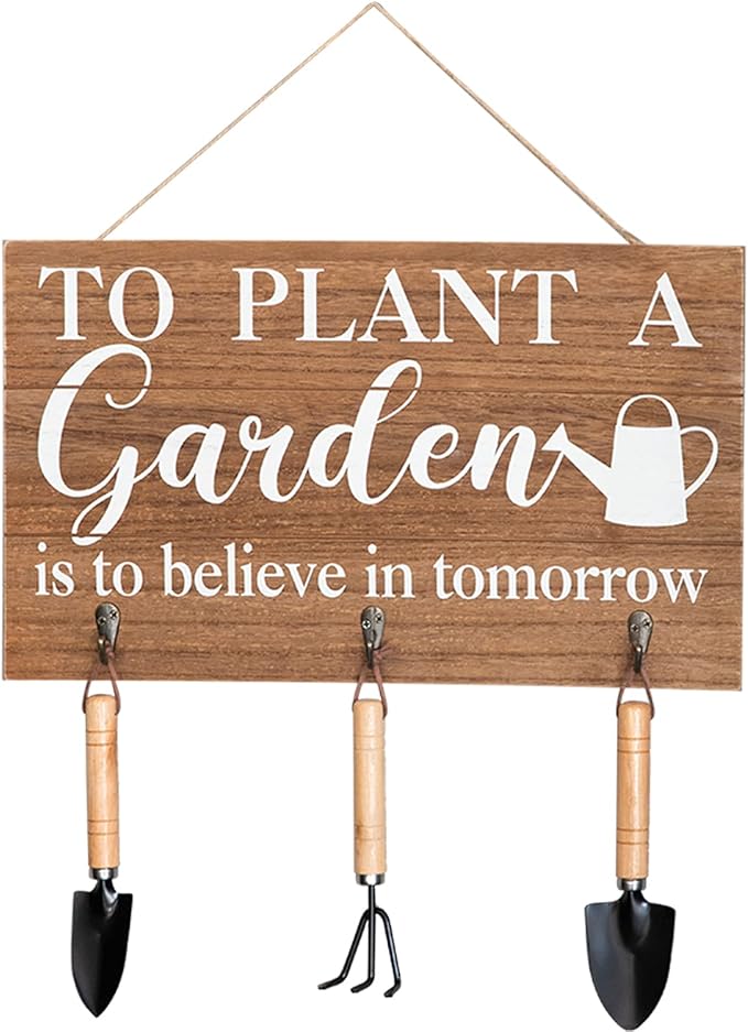 COLLECTIVE HOME - Garden Decor with Tools, Inspirational Wood Hanging Signs, Garden Tools Set - 3 Piece, Out Door Decor with Hooks, to Plant a Garden is to Believe in Tomorrow, 15.75"x9.5" (Wood)