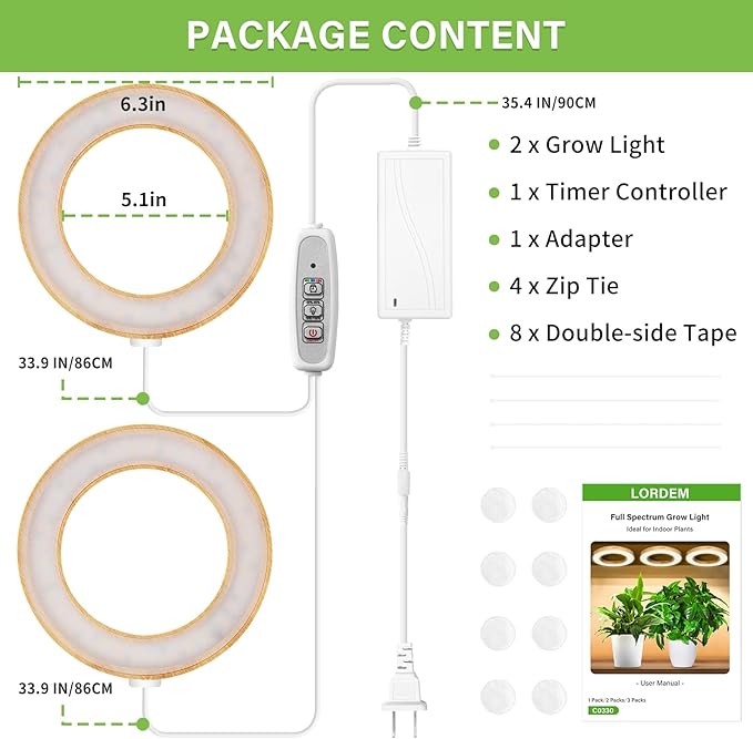 LORDEM 6.3" Bamboo Ceiling Grow Light for Indoor Plants, 144 LEDs Full Spectrum Grow Lamp, Under Cabinet Plant Light with 4/8/12H Auto Timer, 3 Switch Modes, 4 Dimmable Brightness Levels, Dual Head