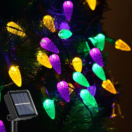 Solar Mardi Gras Lights - Yellow Green Purple Decor, 50 LEDs 8 Modes Waterproof Outdoor C6 Strawberry Garden for Camping, Holiday, Arbor, Fence, Balcony Decorations
