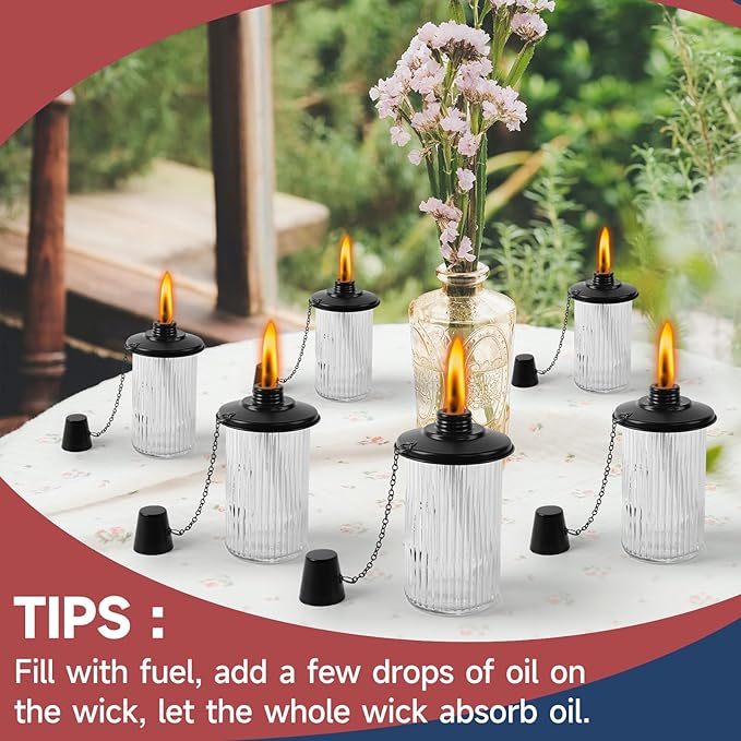 4 Pack Glass Citronella Torches, 16 oz Garden Torches for Outside with 3-Prong Grounded Stake, 55 inch Outdoor Clear Glass Flame Light Torch for Yard, Patio, Deck, Garden, Party, Landscape