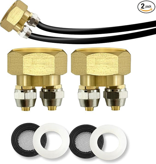 2 Pcs Drip Irrigation Hose Connector, 3/4" to Dual 1/4" Hose Adapter, Convert 3/4" Female Hose Thread Bib to 1/4" Tubing, US Standard Faucet Adapter, Hard Brass Made