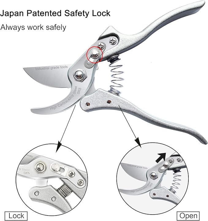 Pruning Shears for Gardening [Made in Japan] 8 Inch Bypass Garden Scissors Secateurs, Premium Japanese Gardening Tools Hand Pruner Clippers with Ergonomic Handle