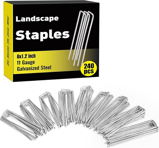 HongWay 240 Pack 6 Inch Landscape Staples, Garden Staples Galvanized Landscaping Fabric Pins 11 Gauge U-Shaped Yard Staples Ground Stakes for Lawn Fence Tent Gardening Outdoor Decorations