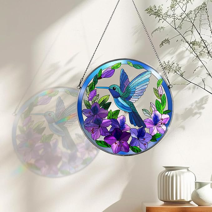 Stained Glass Sun Cather for Window Hanging, 6.3'' Hummingbird Window Ornament for Indoor Outdoor, Hand Painted Stain Glass Gift for Women, Bird Nature Lovers