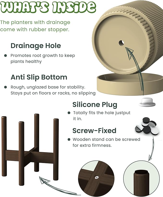 Ceramic Planter Pots Indoor with Drainage Hole & Saucer,Including Stand,7.3 Inch Mid-Century Modern Cylinder Plant Pot for Snake Flower Leaf Khaki
