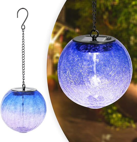 Hanging Solar Lights Outdoor Solar Lanterns Outdoor Decorative Cracked Glass Ball Lights Solar Powered Waterproof LED Globe Lantern for Outdoor Porch Patio Garden Decor Gift Purple