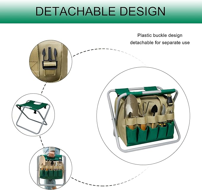 Folding Gardening Stool with Detachable Storage Tote Bag, Multifunctional Gardening Tools Set Organizer for Fishing and Camping,Portable Garden Chair Seat for Adults,Without Tools (Green)