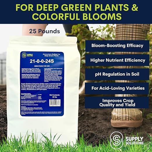 21-0-0-24S Ammonium Sulfate for Deep Green Plants - Soil Acidifier for Blueberry Blooms, Azalea and Magnolia Tree Fertilizer - Sulfur for Plants Nitrogen Fertilizer (25 Pounds)