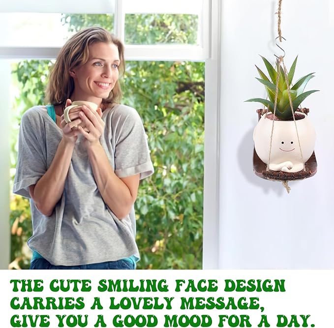 Small Swing Face Hanging Planter Pot for Indoor Outdoor Plants, Cute Swinging Plant Pot, Face Planter Pot Head, Hanging Flower Pots, Resin Succulent Planter, Valentines Day Gifts for Her