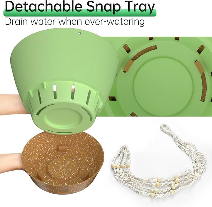 ZMTECH 2 Pack 10 Inch Hanging Planters with Macrame Plant Hanger for Indoor and Outdoor Plants, Self Watering, Drainage Hole, Visible Level Tray, Green