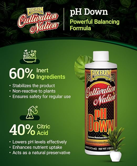 FoxFarm Cultivation Nation pH Down - Liquid Nutrient Solution Adjuster for Hydroponic & Soil Gardens, Lowers pH Levels - 40% Citric Acid for Optimal Plant Growth (Pint)