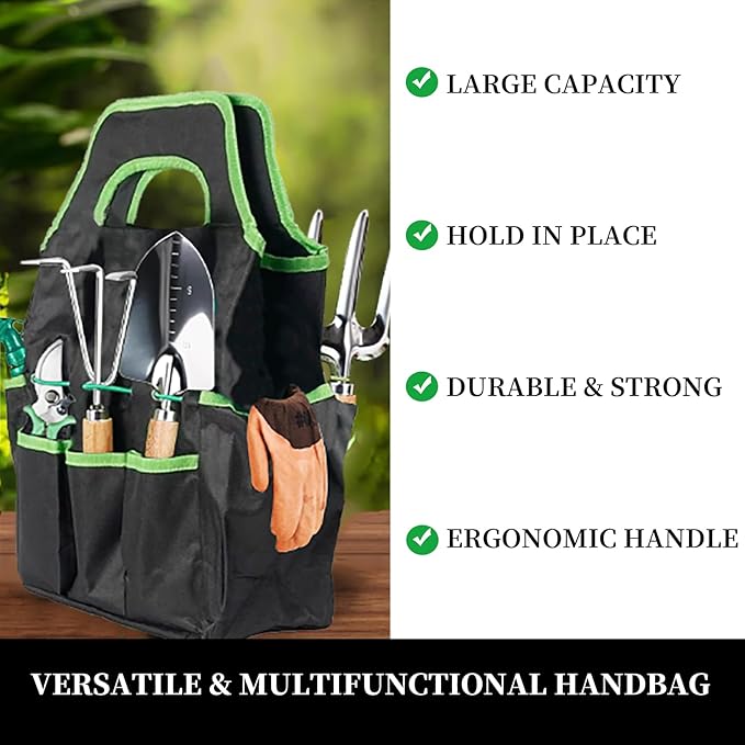 Garden Tools Set, 9PCS Heavy Duty Gardening Tools with Storage Garden Tote Bag, Rust-Proof Stainless Steel Garden Supplies Hand Tools with Wood Handles, Ideal Garden Gifts for Women Men