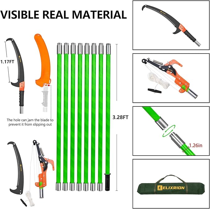 7-27 Feet Pole Saws for Tree Trimming, tree trimming manual branch trimmer set, extendable hand saw, long-handled trimmer with storage bag attachment.Green.