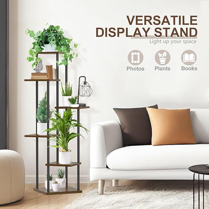 6 Tier Plant Stand Indoor Outdoor, Tall Corner Metal Wood Tiered Planter Stands Holder, Large Multiple Flower Pot Shelf Display Rack for Patio Office Porch Living Room Bedroom Balcony Garden,Oak