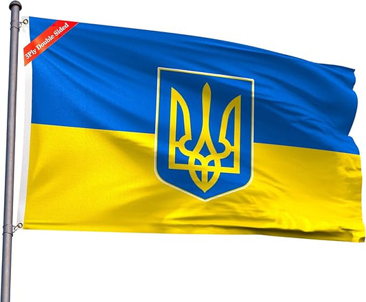 Double Sided Ukraine Trident Flag 3x5FT Ukrainian Coat of Arms National Polyester Banner With 2 Grommets Fade Resistant Vivid Color For Patriotic Festival Events Party Decoration