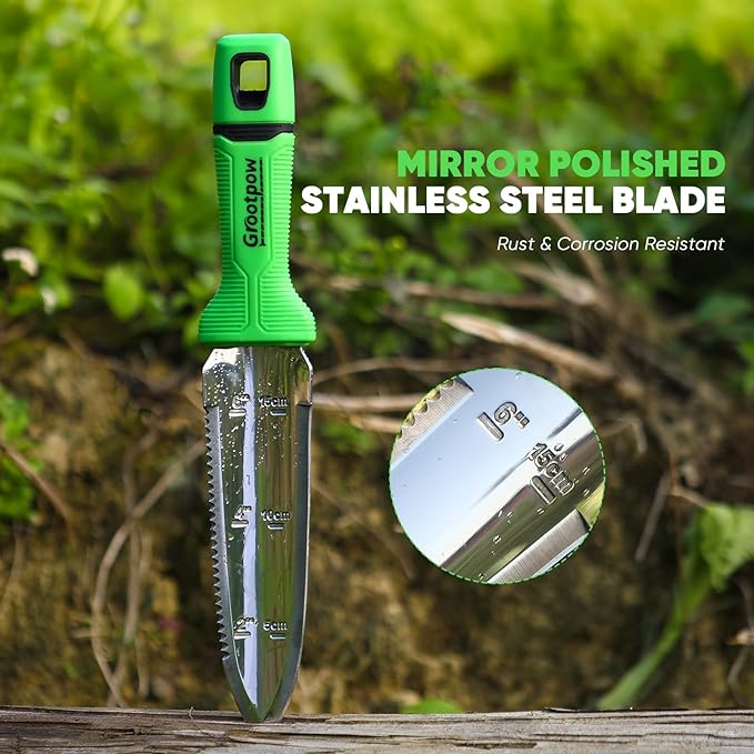 GK01 Hori Hori Garden Knife, Full Tang Gardening Knife with 7.1" Stainless Steel Double-Edged Blade, Heavy Duty Gardening Hand Tool for Weeding and Gardening with Oxford Sheath - in Gift Box