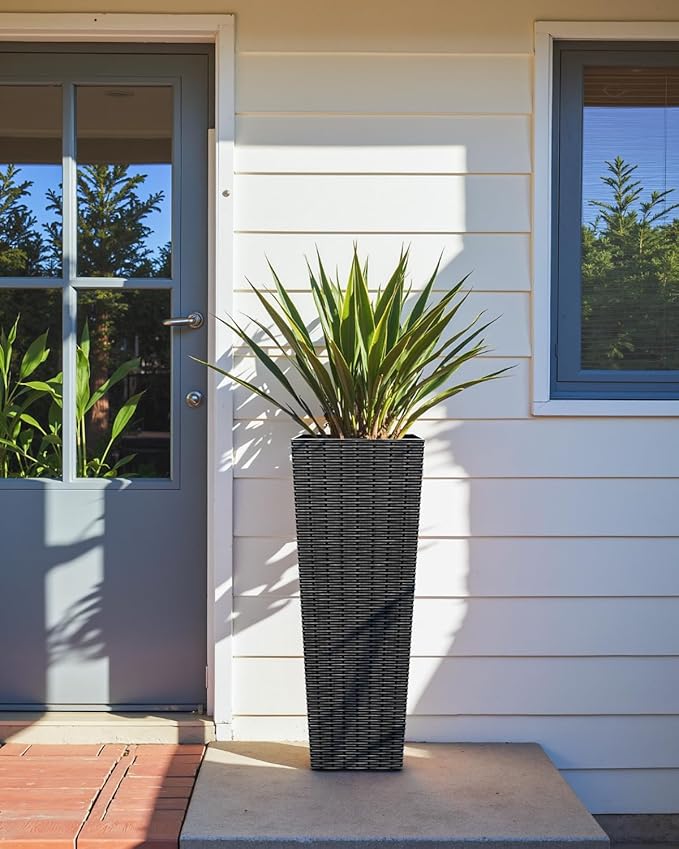 Greesum 32 Inch Tall Plastic Planters with Rattan Texture – Set of 2, Detachable Inner Pot & Drainage Holes, Indoor/Outdoor Decorative Flower Pots for Large Plants, Trees, Patio, and Garden, Black