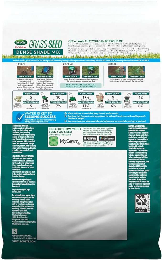 Scotts Turf Builder Grass Seed Dense Shade Mix with Fertilizer and Soil Improver, Grows With Little Sunlight, 2.4 lbs.