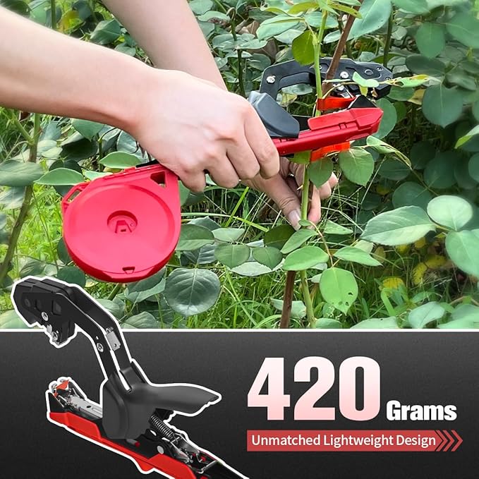 FUNTECK Professional Plant Tying Machine to Bind Tomatoes and Grapes Effortless Garden Tape Tool for Gardeners Farmers, Including Spare SK5 Blade, Garden Tapes and Staples, Red/Black