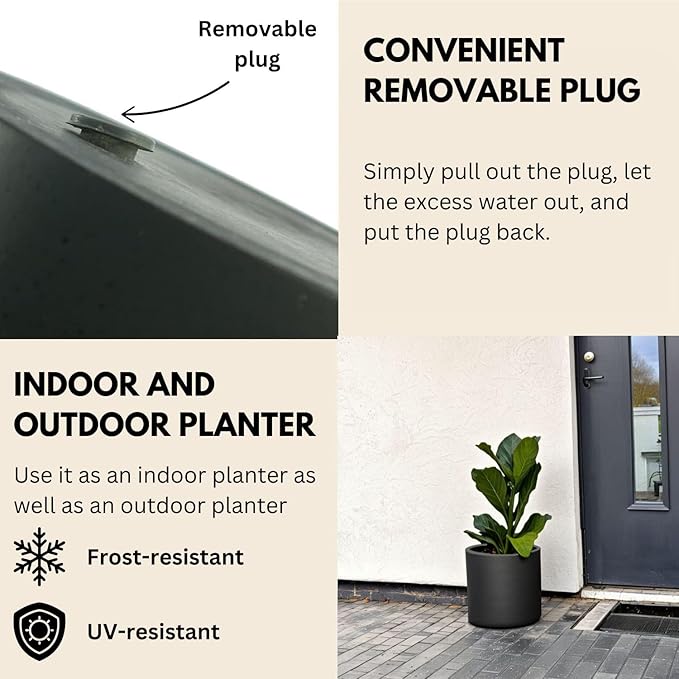 Fox & Fern Large 12 Inch Black Plant Pot — Premium Lightweight Fiberstone Matte Black Planter w Drainage Plug; Large Indoor & Outdoor Planter; 12 Inch Pots for Plants; Weather Resistant & UV Resistant