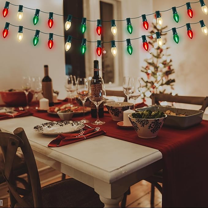 C7 LED Red White and Green Christmas Lights, 25Ft Outdoor Chritsmas String Lights Shatterproof with 27 LED Clear Multicolor Bulbs, Connectable Vintage Christmas Lights for Patio Garden Backyard Decor