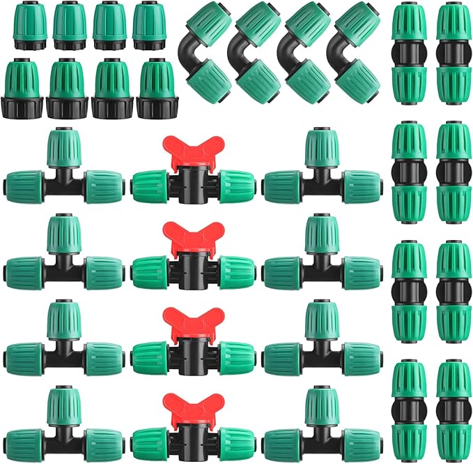 32 Pcs 1/2" Tubing Irrigation Fittings Kit 1/2" ID x 0.6-0.63" OD 16 mm Drip Irrigation Barbed Connectors 4 Switch Valves, 8 Tees, 8 Couplings, 4 Elbows, 4 Ends, 4 Adapters (Green)
