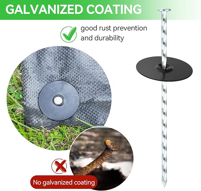100 Pack Landscape Stakes with Gasket Caps - 6.3 Inch Heavy-Duty Galvanized Steel Garden Spikes are Used to Fixing Weed Barrier, Artificial Lawn, Patio Rug, Etc
