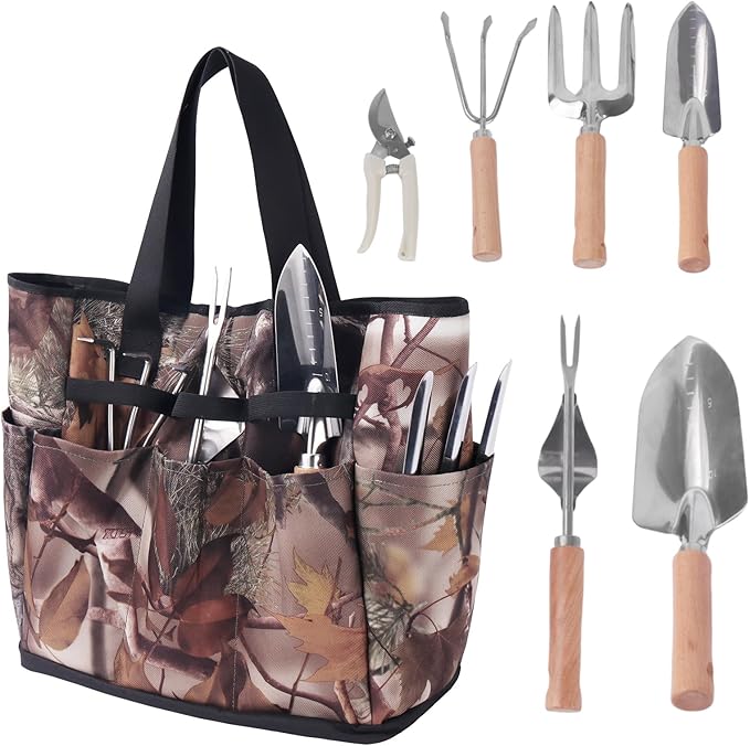 Outdoor Garden Tool Set, 7 Pcs Floral Gardening Set for Women Leaf Camouflage Gardening Kit with Garden Tool Bag, Trowel, Weeder Fork, Hand Rake, Pruning Shears, Cultivator, Transplanter