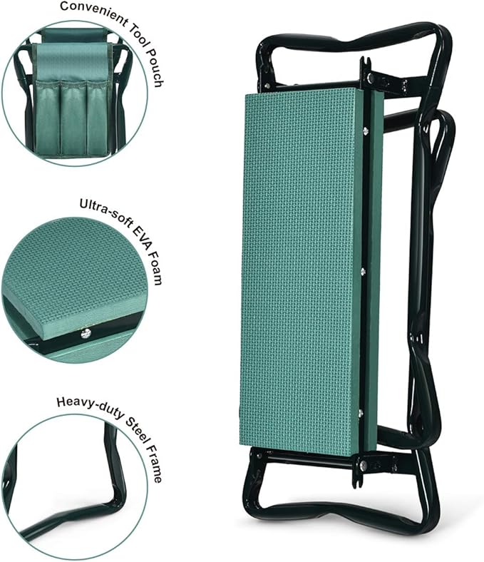 2-in-1 Garden Kneeler and Seat, Folding Garden Seat w/EVA Foam Kneeling Pad & Removable Tools Pouch, Sturdy Steel Frame, No Assembly, Portable Heavy Duty Garden Stool for Women Men Seniors