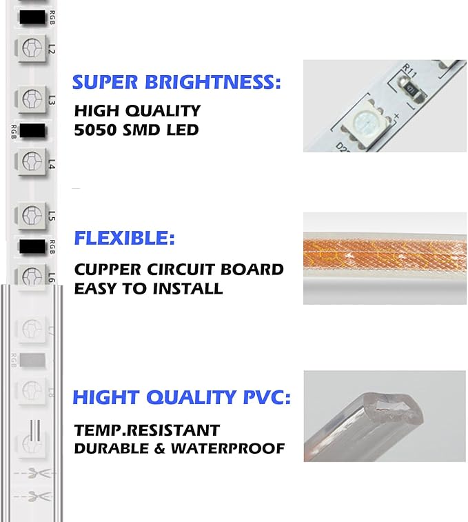 5050-60 Type AC 110-120V White LED Strip Lights, Flexible/Waterproof/Dimmable/Multi-Modes LED Rope Light + 23 Keys Remote for Home/Garden/Building Decoration (16.4ft/5m, White 6000K)