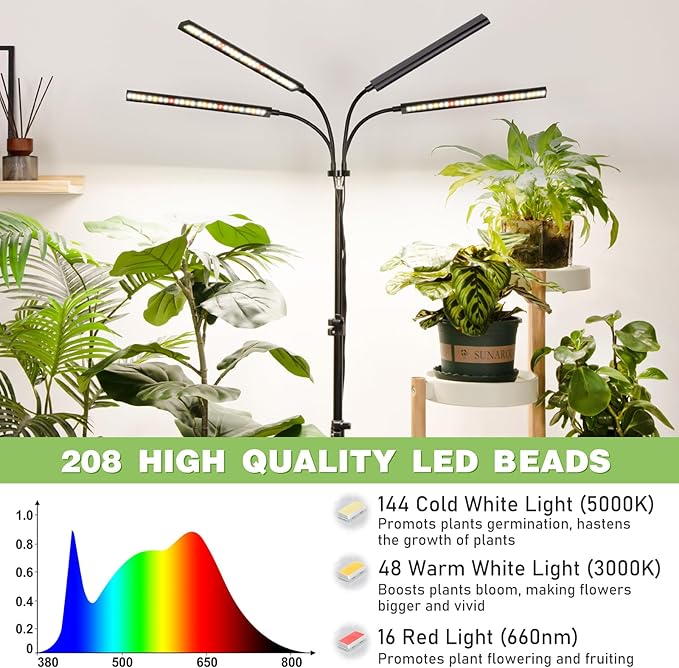FOXGARDEN® Grow Lights for Indoor Plants Full Spectrum with Tripod Stand, Tall Plant Lights for Indoor Growing with Flexible Gooseneck, Four-Head Grow Lamp with 4/8/12H Timer & 4 Brightness Levels