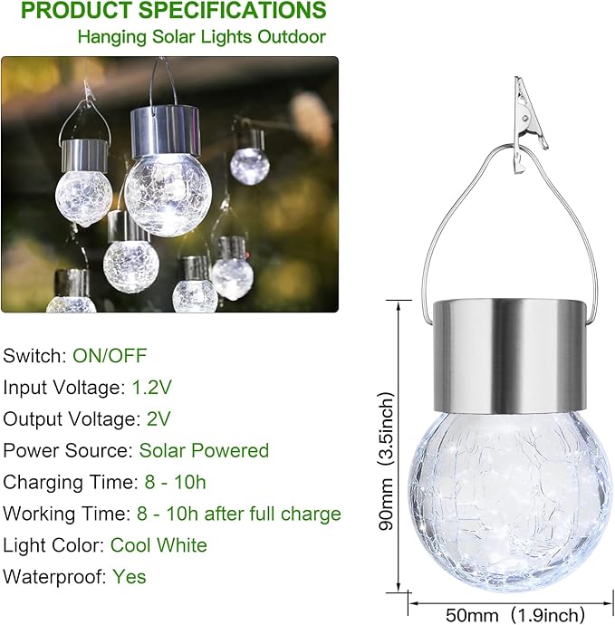 MAXvolador 12-Pack Hanging Solar Lights, Decorative Cracked Glass Ball Light, Solar Powered Waterproof Globe Lighting for Garden, Tree(Cool White)