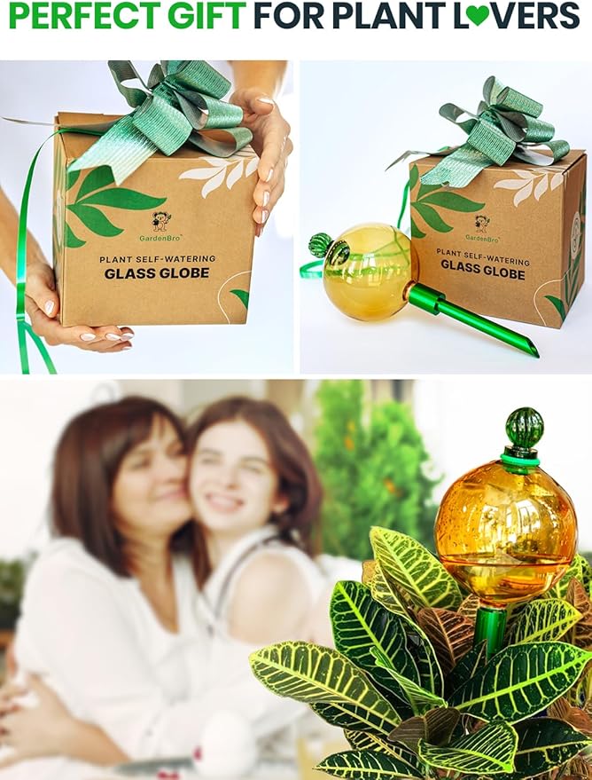 16 Oz Plant Watering Globes For Indoor Plants With Metal Self Watering Planter Insert - Premium XL Glass Hand-blown Globes - Automatic Indoor Planter Waterer, Gift Idea For Gardeners [1, Gold]