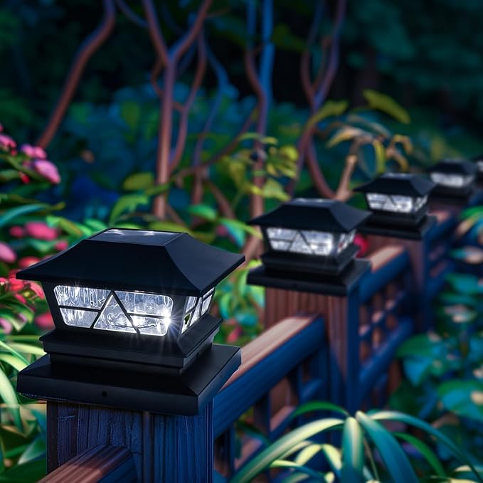 TW SHINE Solar Post Cap Lights 6 Pack, 2 Modes Fence Post Solar Powered Lights Outdoor Waterproof for 4x4 5x5 6x6 Wood Posts Warm White/Cool White for Yard, Garden, Porch, Deck, Patio Decor