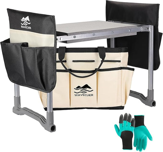 Garden Kneeler and Seat, Foldable Garden Stool 10.2" Width, Heavy Duty Knee Seat for Gardening with 2 Tool Pouches and Tool Bag & Gloves, Gardening Bench Accessories for Seniors (Black)