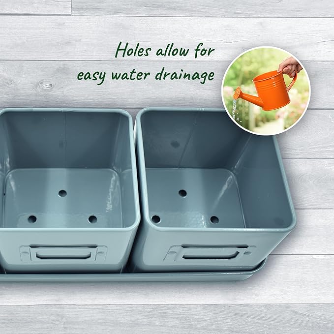 Herb Planter Indoor - Set of 3 Teal Blue Indoor Herb Garden Pots for Plants with Leather Handled Tray - Window Sill Plant Shelf - Herb Pots with Drainage Holes and Labels