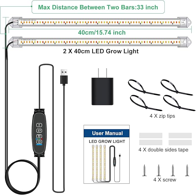 16 in Plant Grow Light Strips,120 LEDs Grow Lights for Indoor Plants Full Spectrum with 3/9/12H Timer & 10 Dimmable Levels,Sunlight Plant Growing lamp for Hydroponics Succulent 2 Heads