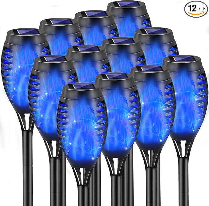 Outdoor Solar Lights Blue, 12 Pack Solar Torch Lights with Flickering Flame Waterproof Mini Tiki Torches for Landscape Garden Pathway Dusk to Dawn Auto On/Off