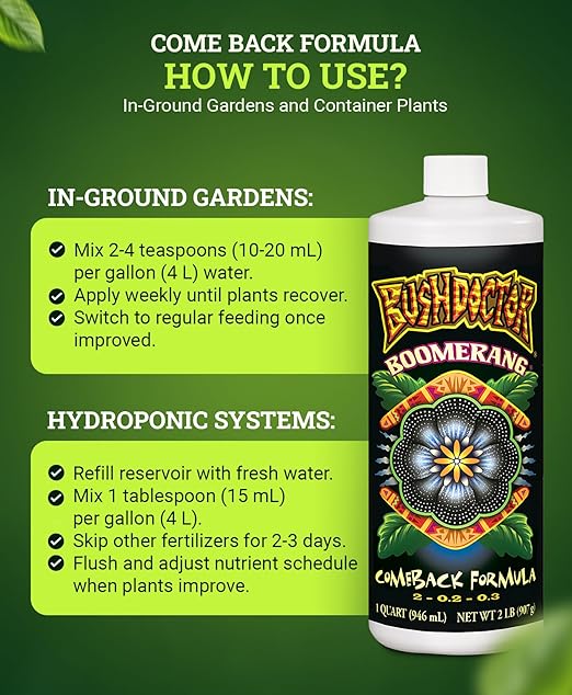 Fox Farm Bushdoctor Boomerang Fertilizer - for Fast Recovery of Stressed Plants, Root Health, Solubilized Nutrition - Perfect for Hydroponic & Soil Application- NPK 2-0.2-0.3, (Quart)