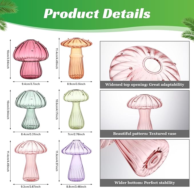 Mushroom Glass Vases for Indoor Plants, Set of 6 Colored Plant Propagation Stations, Mini Terrarium for Plants,Unique Small Hydroponic Pots for Flowers, Cute Decor Vase Gifts for Women