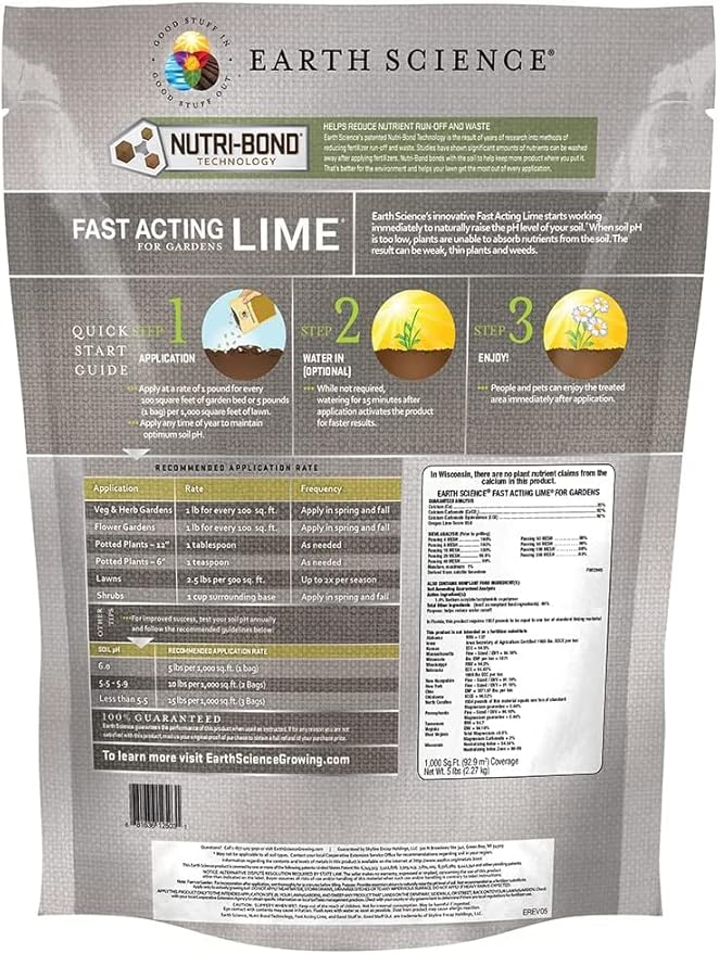 Earth Science Fast Acting Lime - (5lb) Instantly Raise pH of Soil & Reduce Nutrient Runoff for Improved Growth & Color - Long Lasting Lawn Care with Calcium
