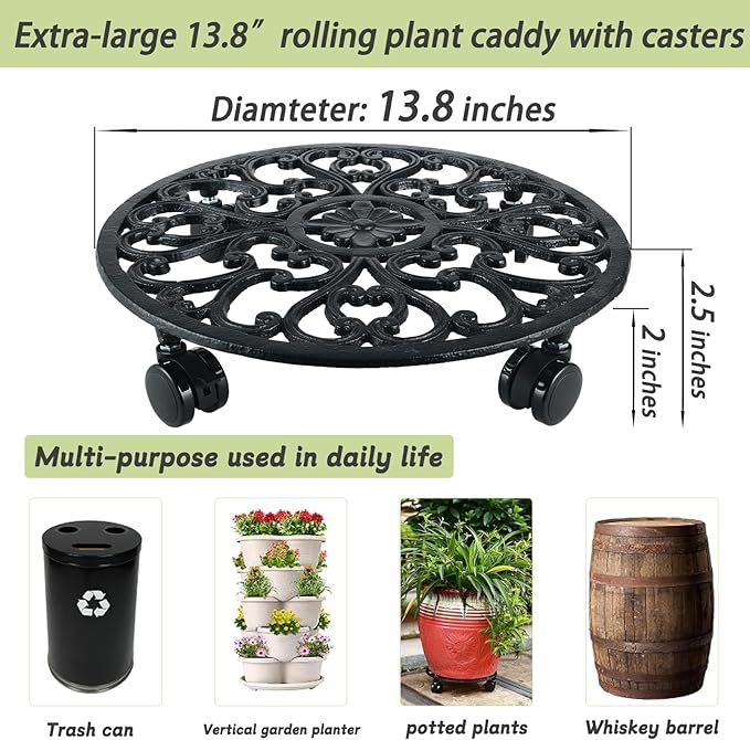 14 Inch Rolling Plant Stand with Wheels Metal Plant Caddy with Wheels Heavy Duty Round Plant Stand Indoor Iron Plants Rollers for Plants, Plant Dolly with Plant Saucers 1 Pack