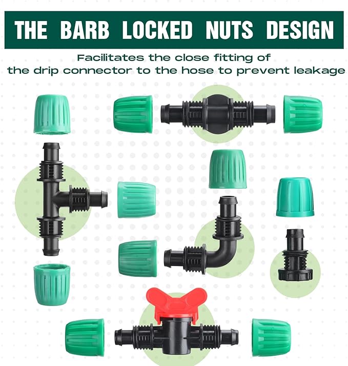 32 Pcs 1/2" Tubing Irrigation Fittings Kit 1/2" ID x 0.6-0.63" OD 16 mm Drip Irrigation Barbed Connectors 4 Switch Valves, 8 Tees, 8 Couplings, 4 Elbows, 4 Ends, 4 Adapters (Green, Black)