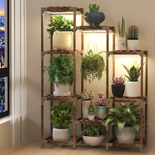 HOMKIRT Plant Stand with Grow Light, Tier Plant Shelf Indoor Outdoor for Multiple Plants, Wood Tall Plant Rack Holder Flower Stand for Corner, Patio, Garden, Living Room