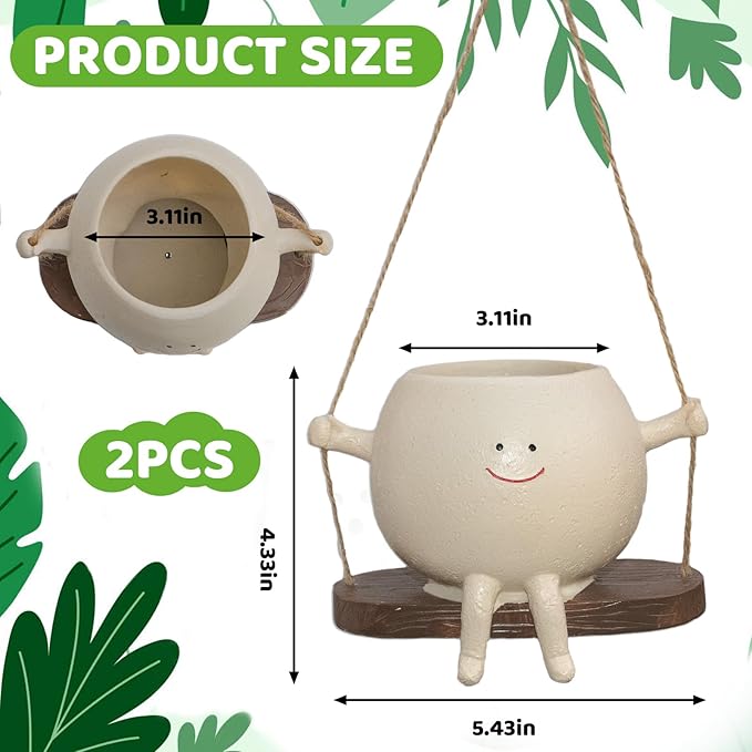 2 Pcs Swing Hanging Planters for Indoor Plants Swinging Plant Pot Face Hanging Flower Pots Resin Head Planter for Outdoor Succulents Gift Ideas for Mother