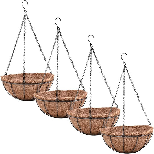 4 Pack Hanging Planter Basket Outdoor Large Hanging Flower Pots Indoor 12 inch with Coco Coir Liner Round Wire Plant Holder Chain Hanging Basket Garden for Home Decor Balcony Office1